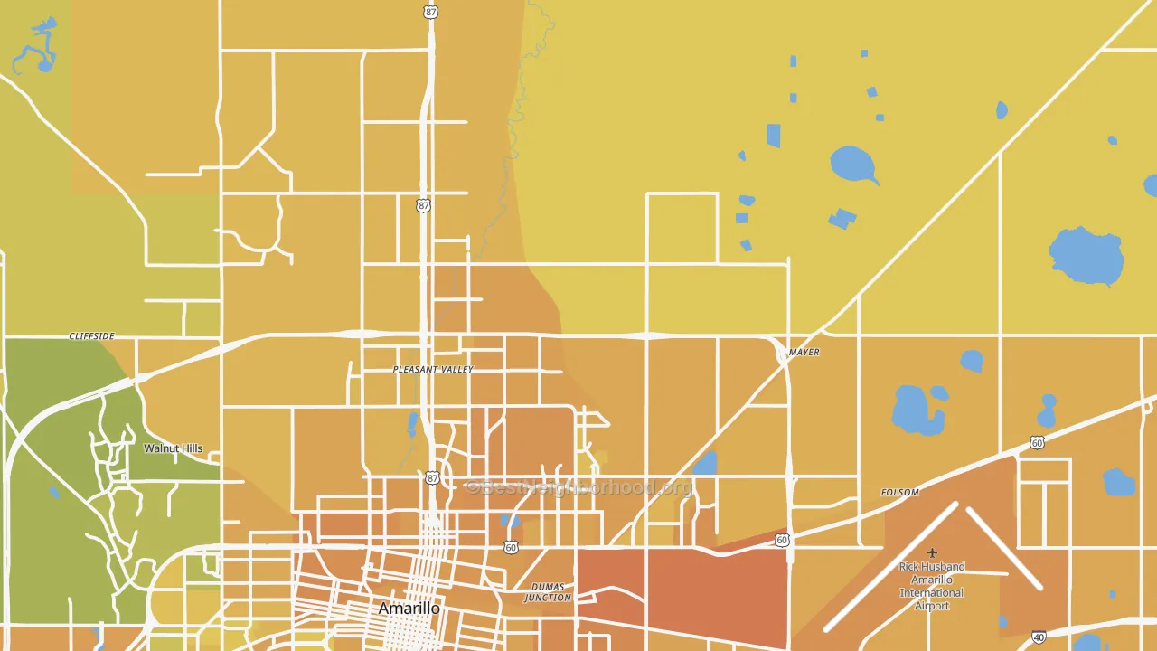 Map of the best neighborhoods in the 79108 area, with better matches in green and worse matches in red