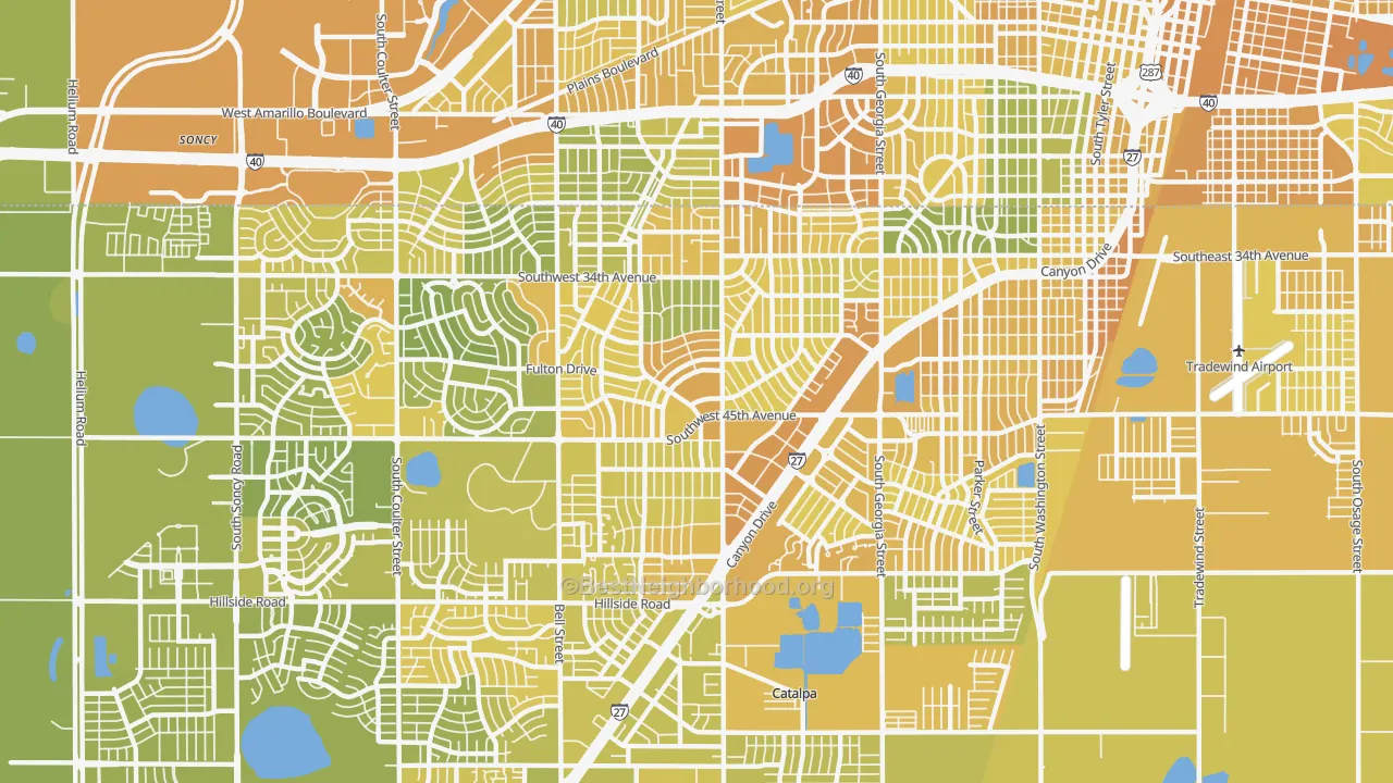 Map of the best neighborhoods in the 79109 area, with better matches in green and worse matches in red