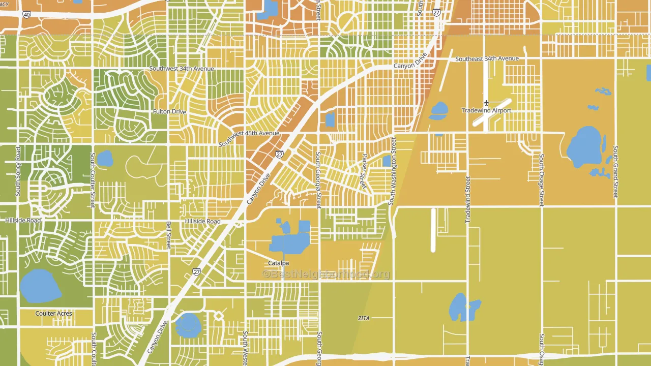 Map of the best neighborhoods in the 79110 area, with better matches in green and worse matches in red