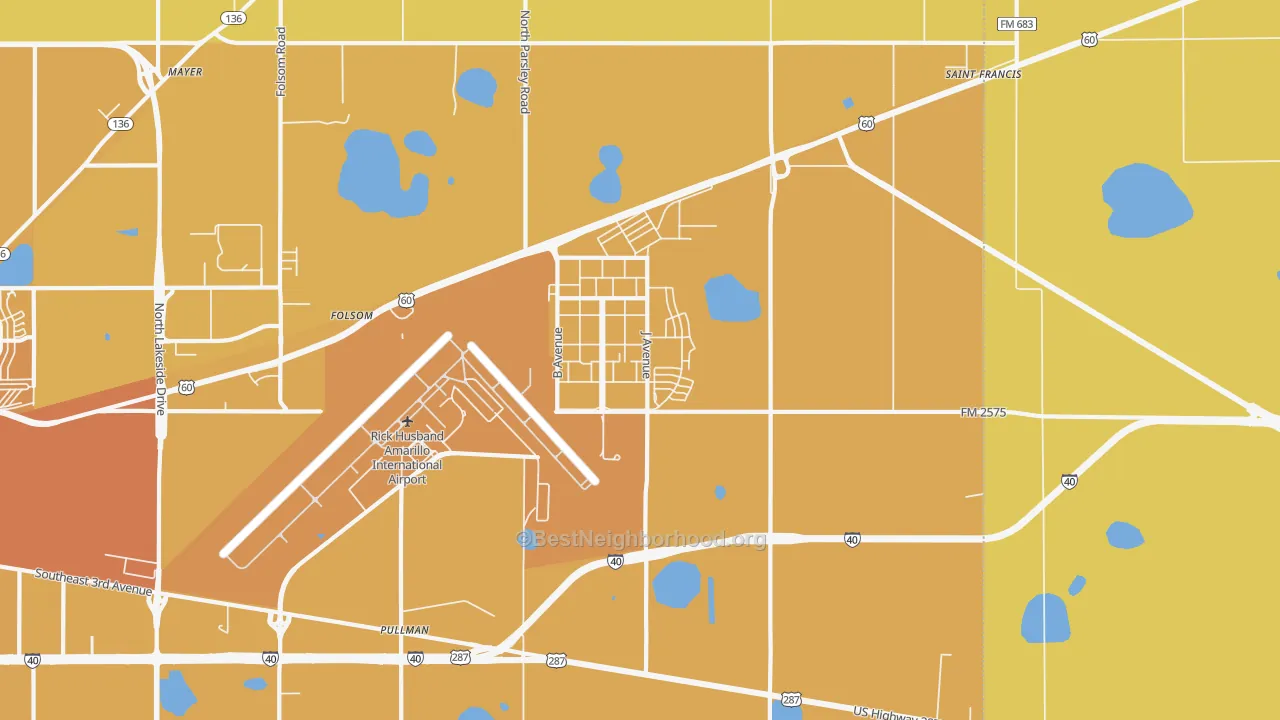 Map of the best neighborhoods in the 79111 area, with better matches in green and worse matches in red