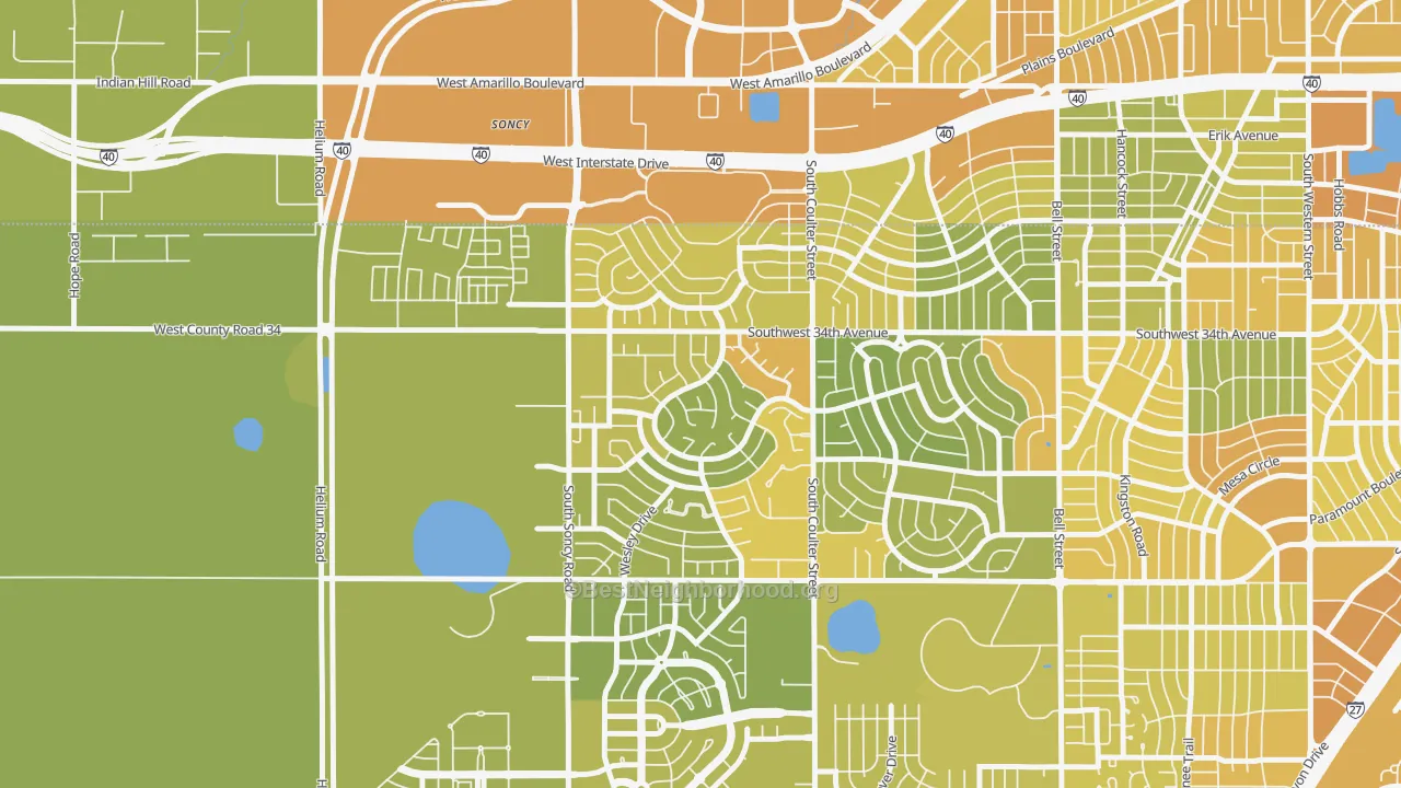 Map of the best neighborhoods in the 79121 area, with better matches in green and worse matches in red