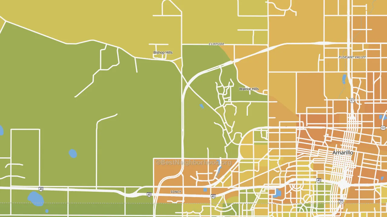 Map of the best neighborhoods in the 79124 area, with better matches in green and worse matches in red