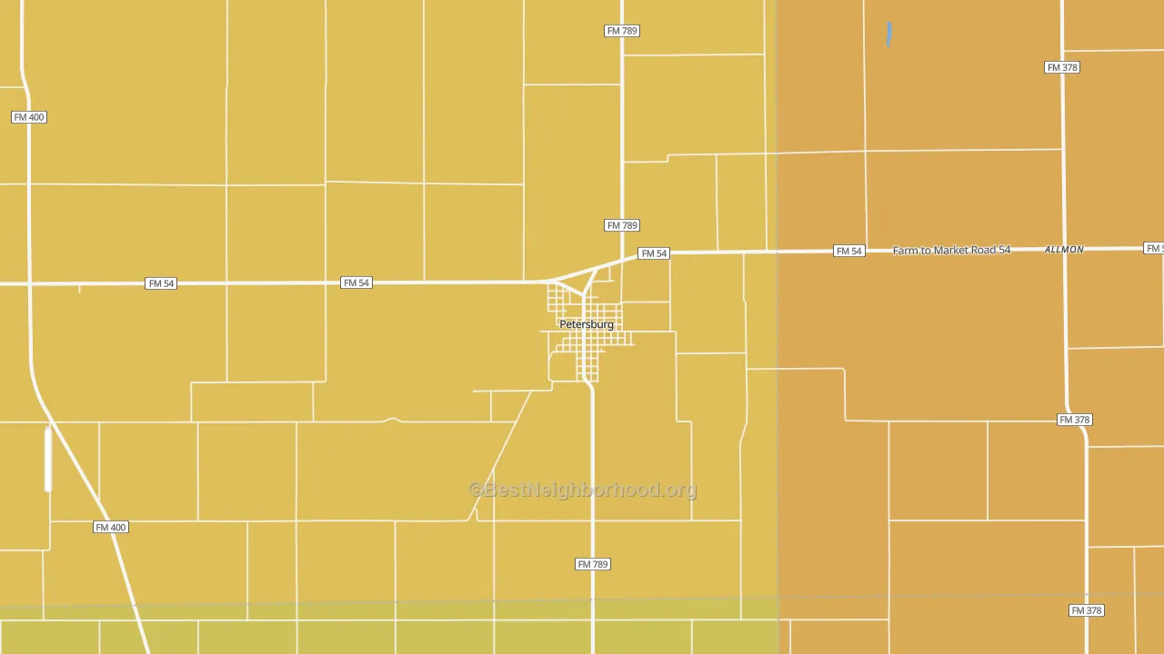 Map of the best neighborhoods in the 79250 area, with better matches in green and worse matches in red
