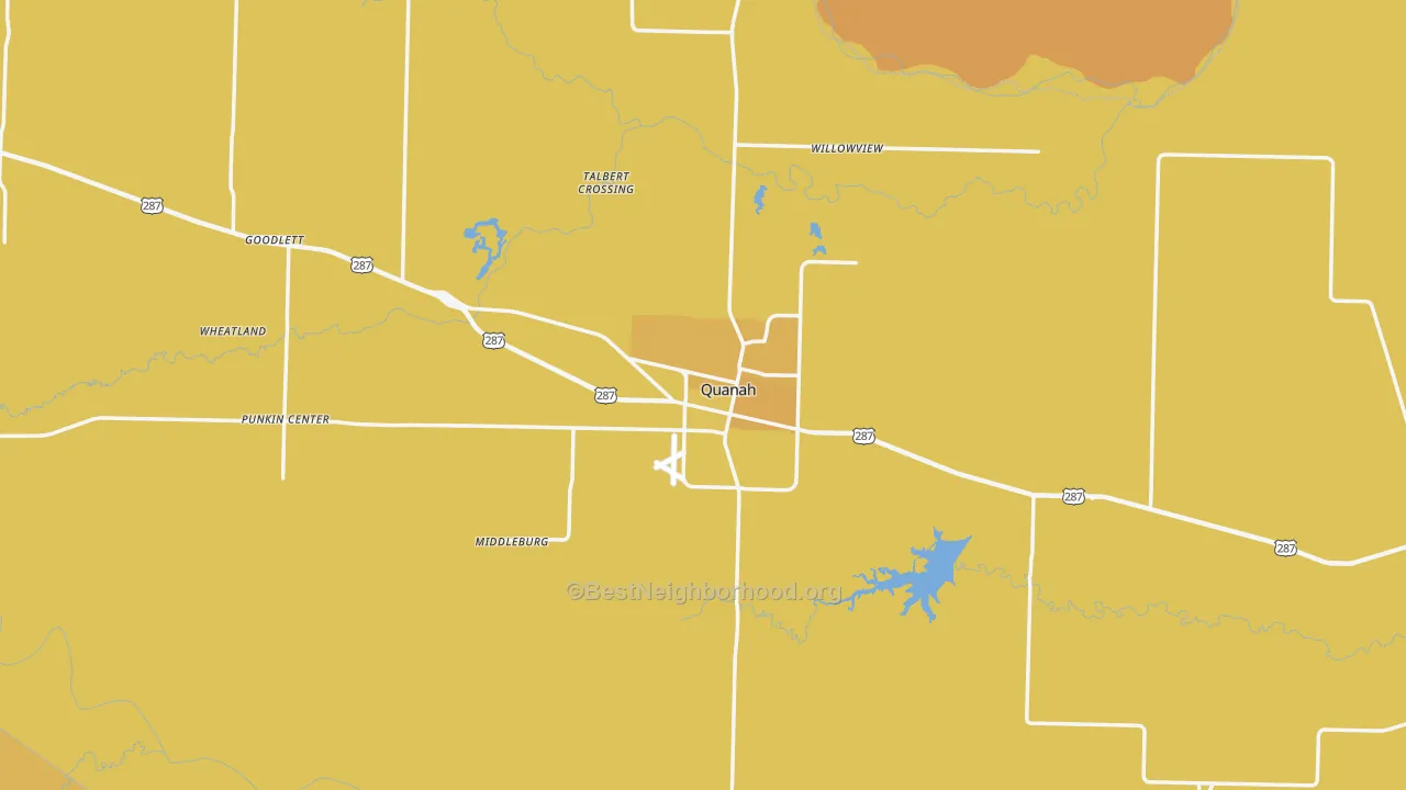 Map of the best neighborhoods in the 79252 area, with better matches in green and worse matches in red