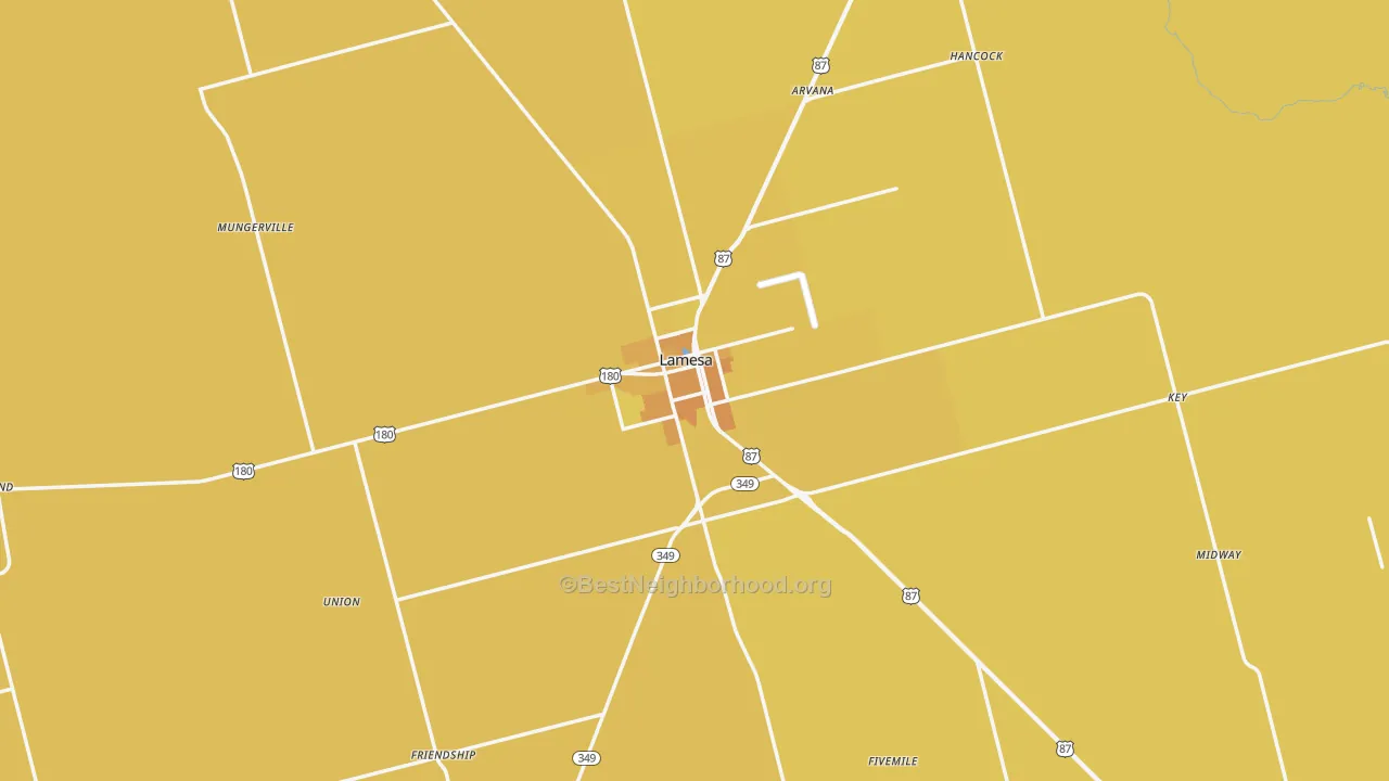Map of the best neighborhoods in the 79331 area, with better matches in green and worse matches in red