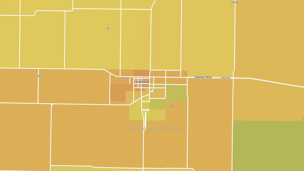 Map of the best neighborhoods in the 79336 area, with better matches in green and worse matches in red