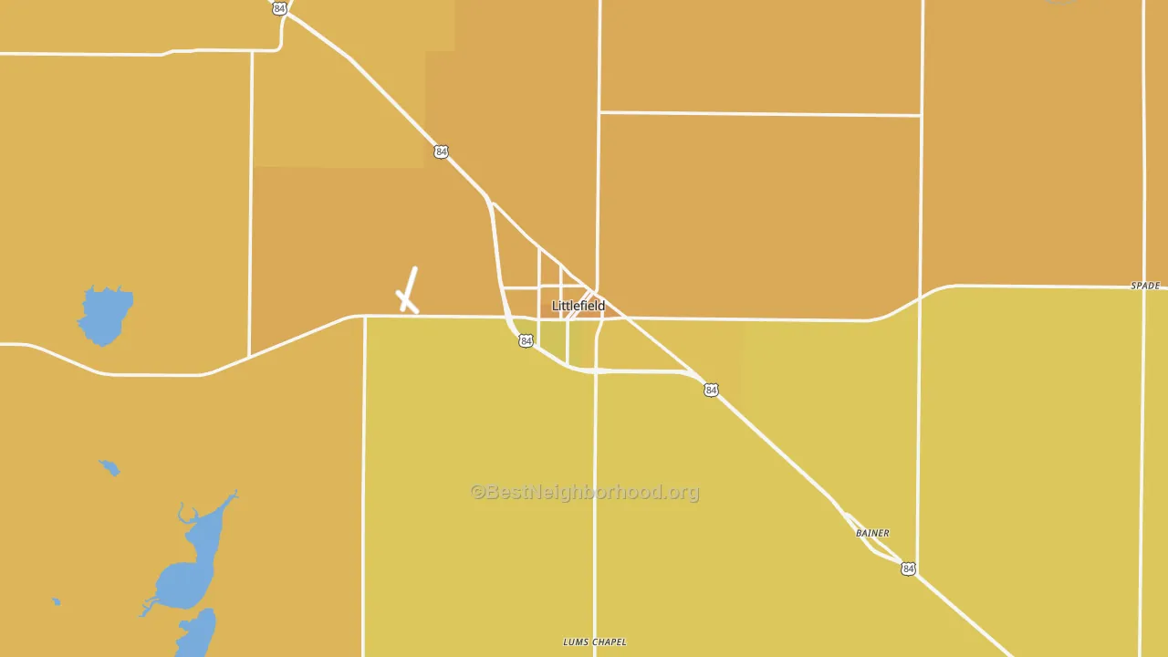 Map of the best neighborhoods in the 79339 area, with better matches in green and worse matches in red