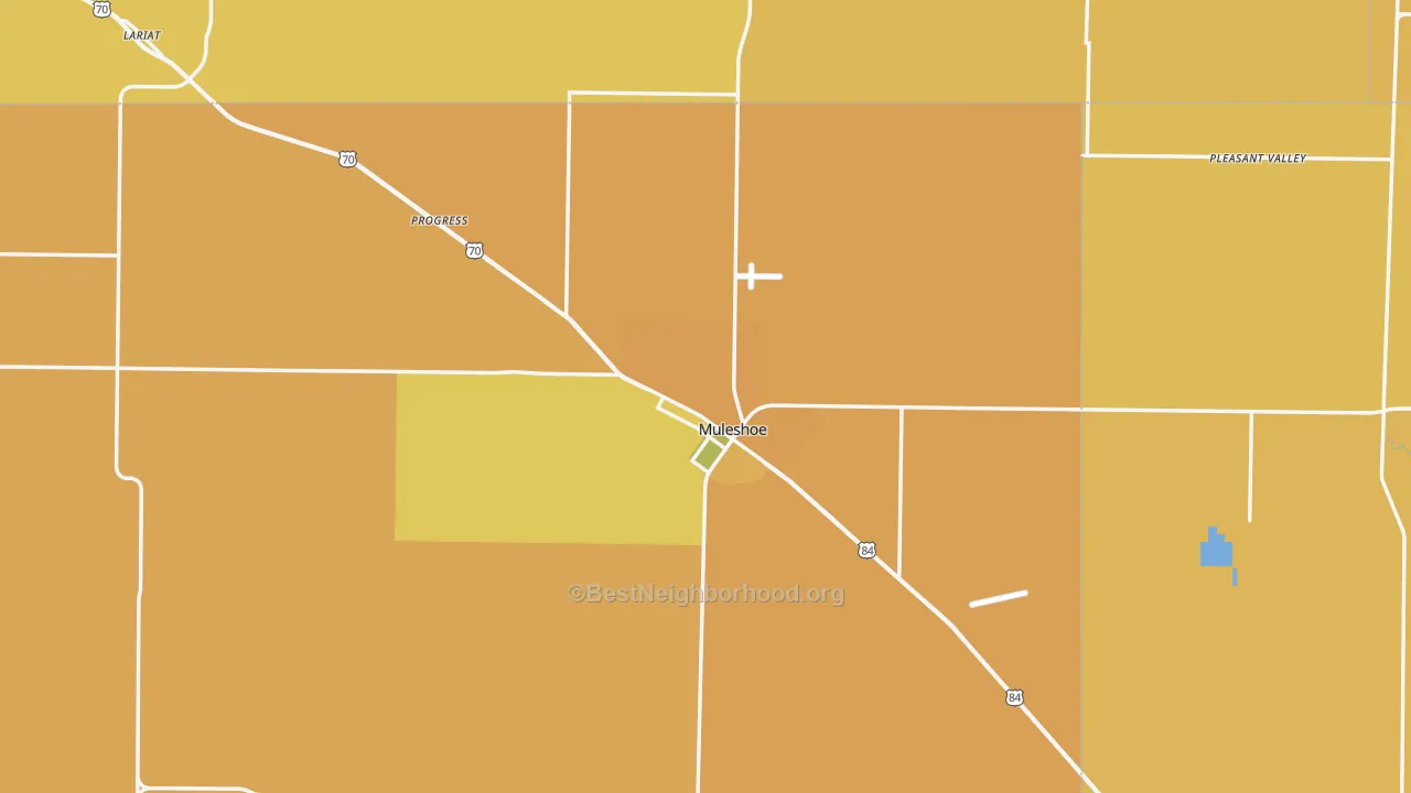 Map of the best neighborhoods in the 79347 area, with better matches in green and worse matches in red