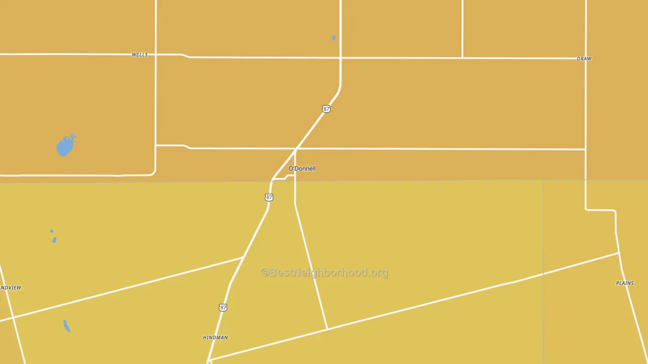 Map of the best neighborhoods in the 79351 area, with better matches in green and worse matches in red