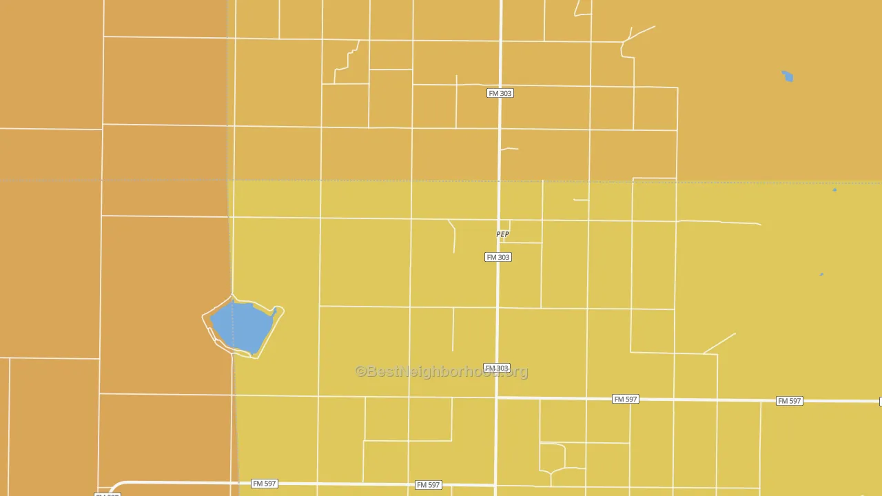 Map of the best neighborhoods in the 79353 area, with better matches in green and worse matches in red