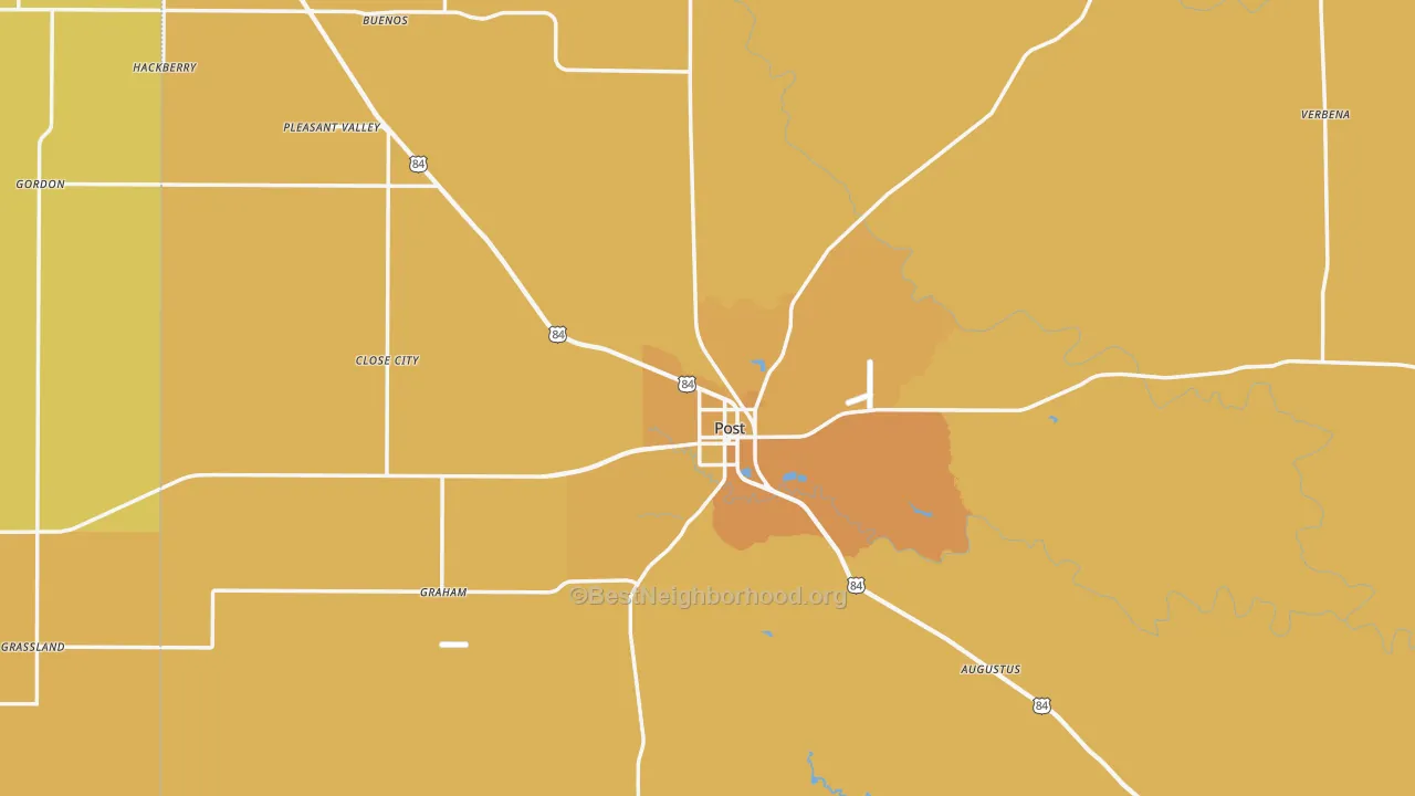 Map of the best neighborhoods in the 79356 area, with better matches in green and worse matches in red