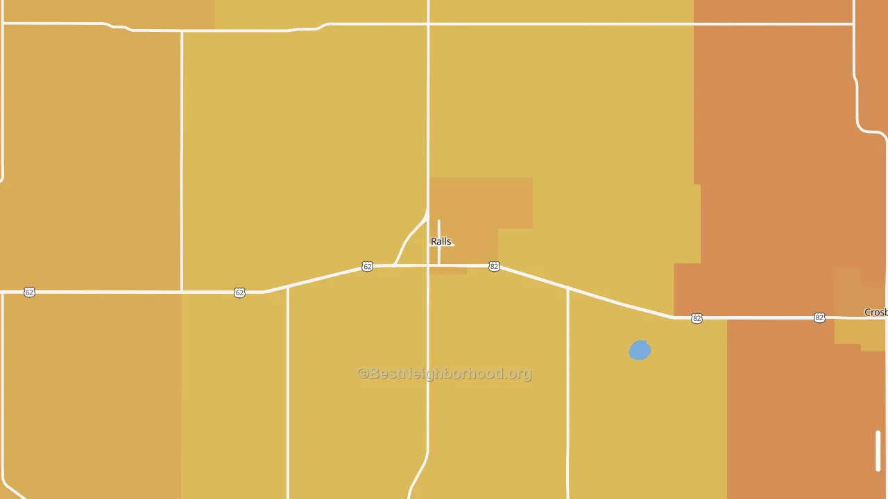 Map of the best neighborhoods in the 79357 area, with better matches in green and worse matches in red