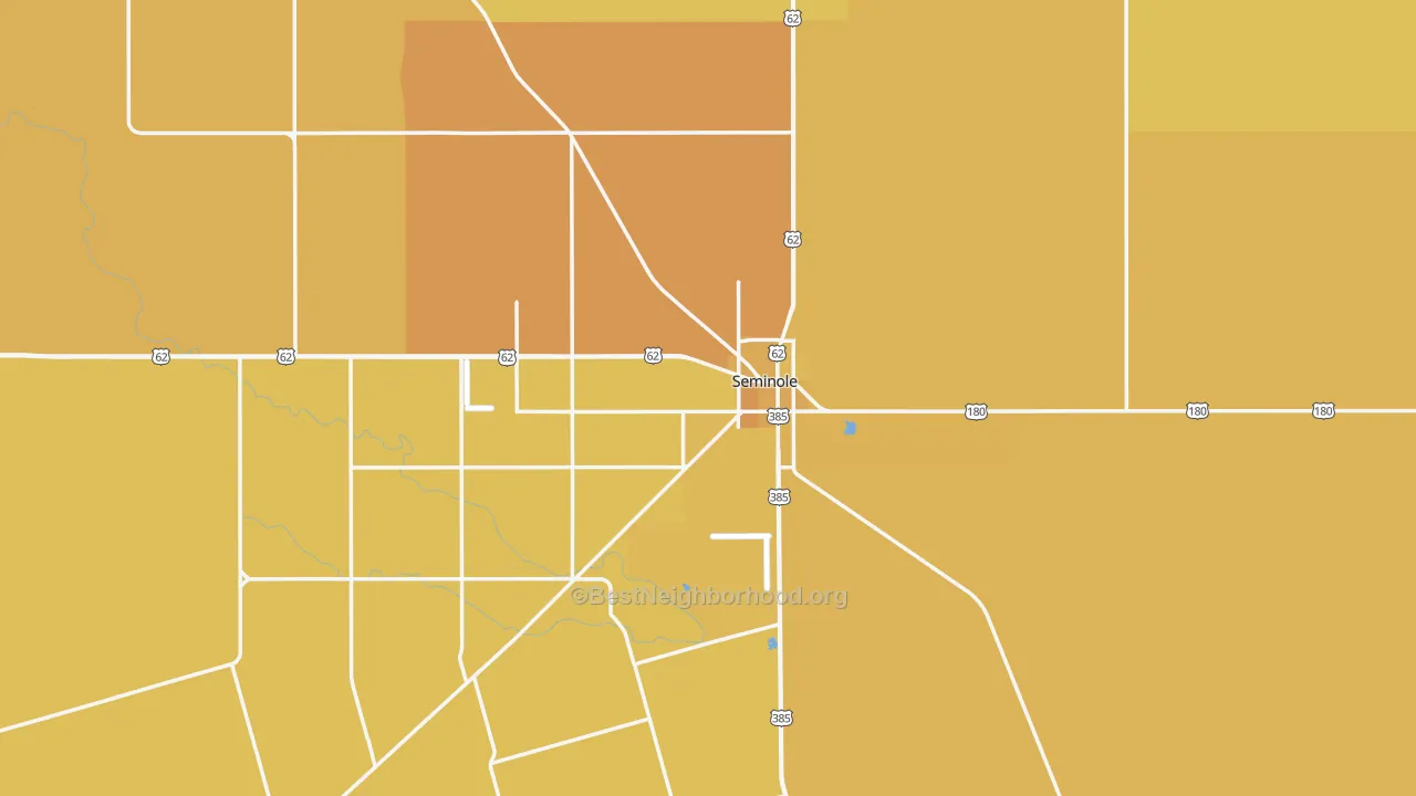 Map of the best neighborhoods in the 79360 area, with better matches in green and worse matches in red