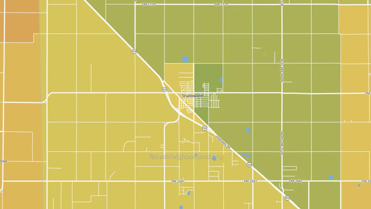 Map of the best neighborhoods in the 79363 area, with better matches in green and worse matches in red
