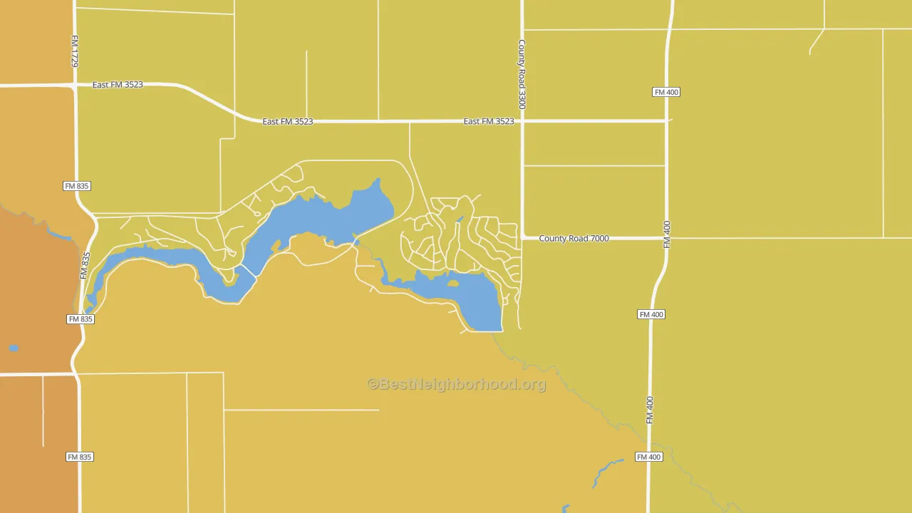 Map of the best neighborhoods in the 79366 area, with better matches in green and worse matches in red