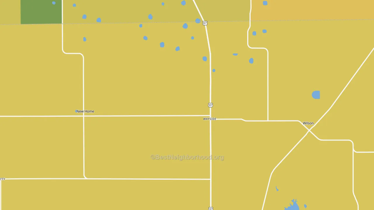Map of the best neighborhoods in the 79381 area, with better matches in green and worse matches in red