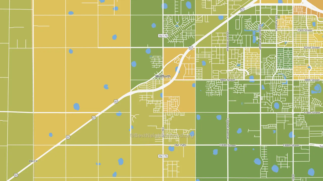 Map of the best neighborhoods in the 79382 area, with better matches in green and worse matches in red