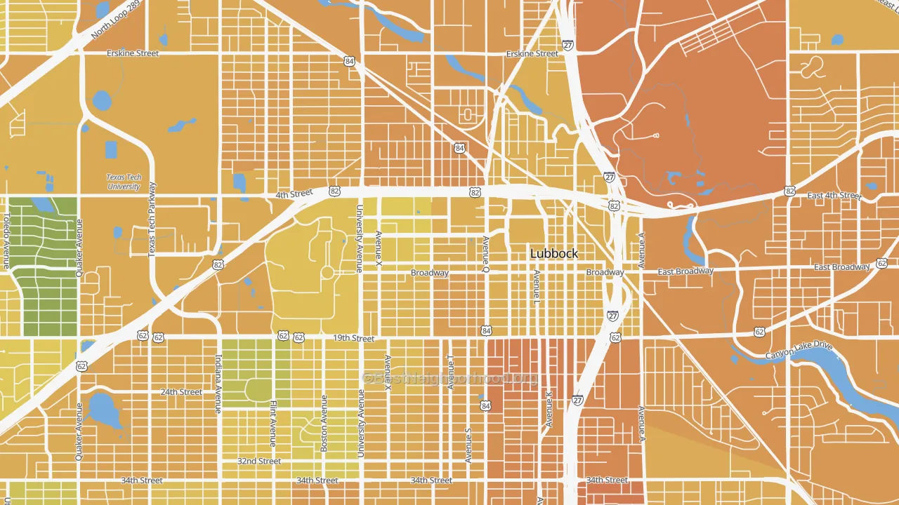 Map of the best neighborhoods in the 79401 area, with better matches in green and worse matches in red