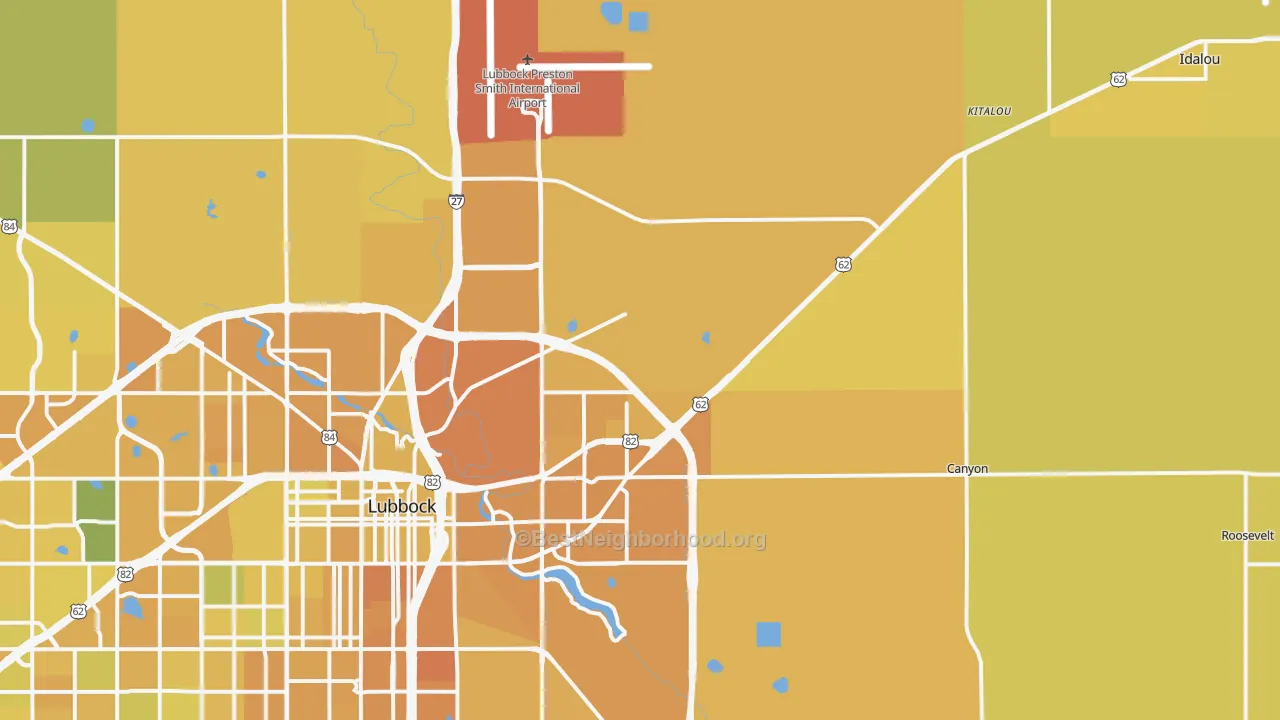 Map of the best neighborhoods in the 79403 area, with better matches in green and worse matches in red