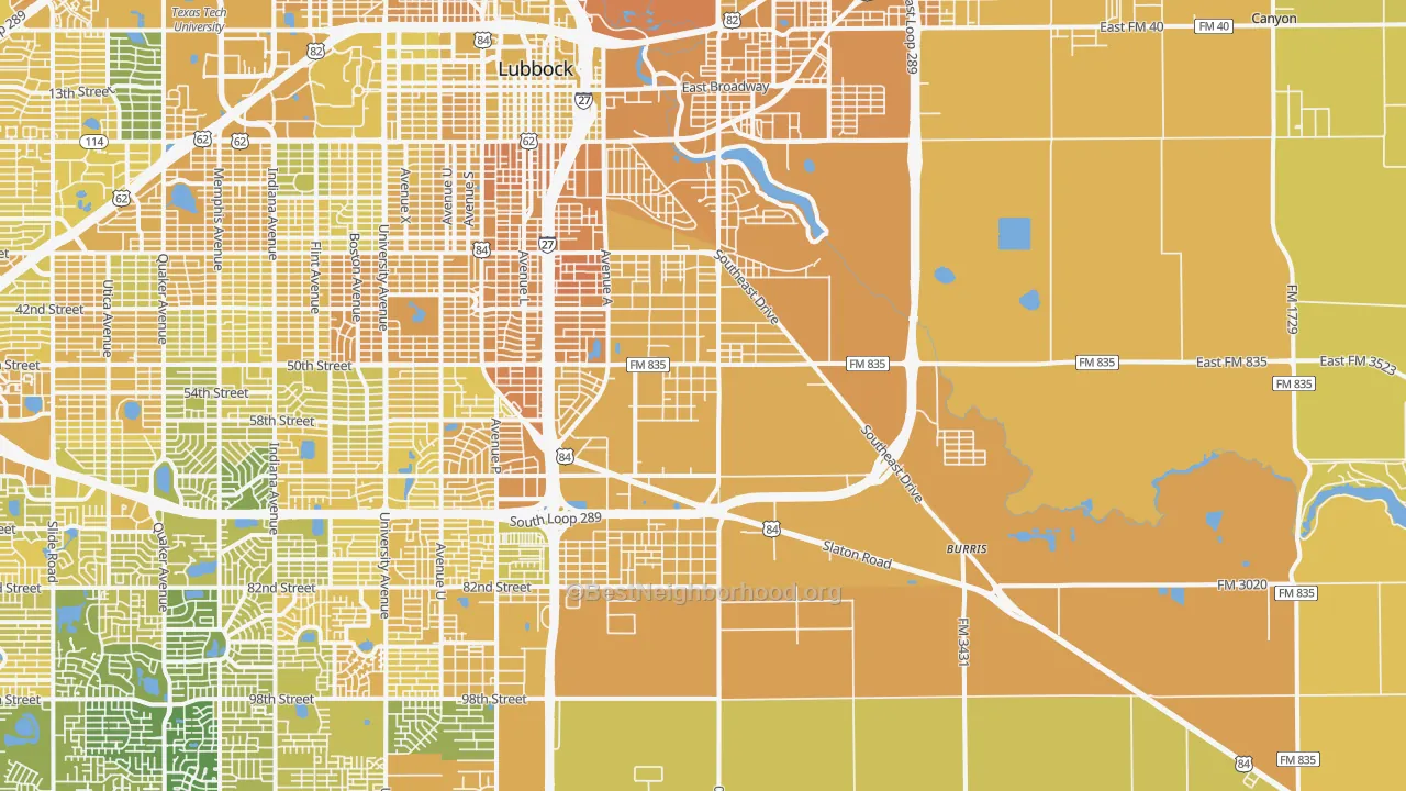 Map of the best neighborhoods in the 79404 area, with better matches in green and worse matches in red