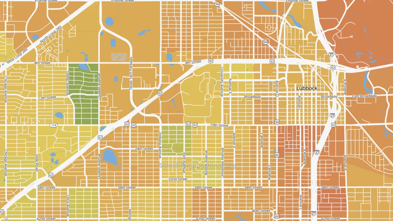Map of the best neighborhoods in the 79406 area, with better matches in green and worse matches in red