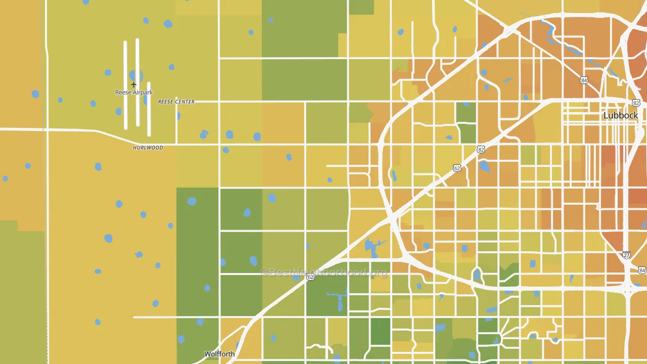 Map of the best neighborhoods in the 79407 area, with better matches in green and worse matches in red