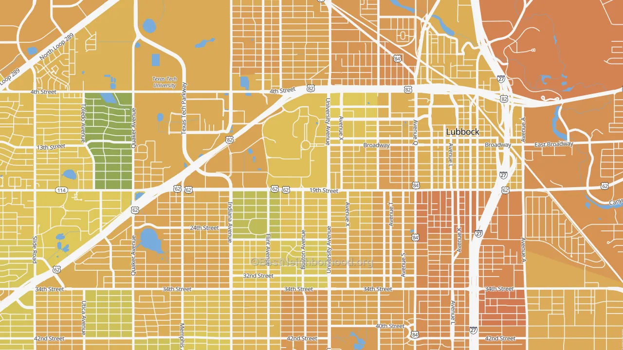 Map of the best neighborhoods in the 79409 area, with better matches in green and worse matches in red