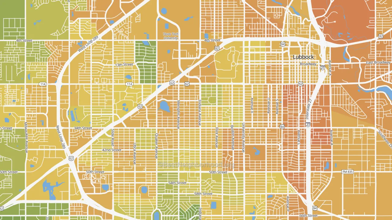 Map of the best neighborhoods in the 79410 area, with better matches in green and worse matches in red