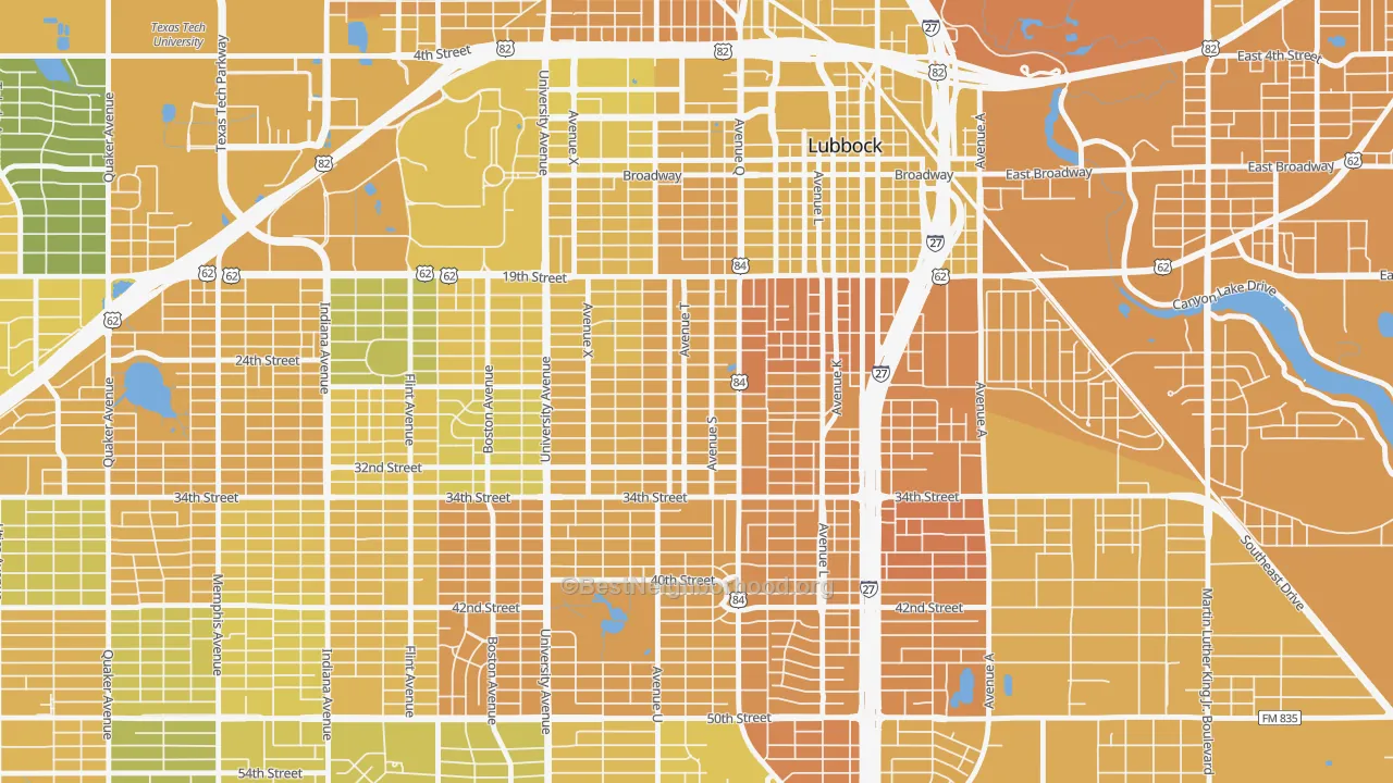 Map of the best neighborhoods in the 79411 area, with better matches in green and worse matches in red