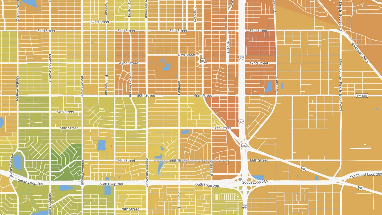 Map of the best neighborhoods in the 79412 area, with better matches in green and worse matches in red