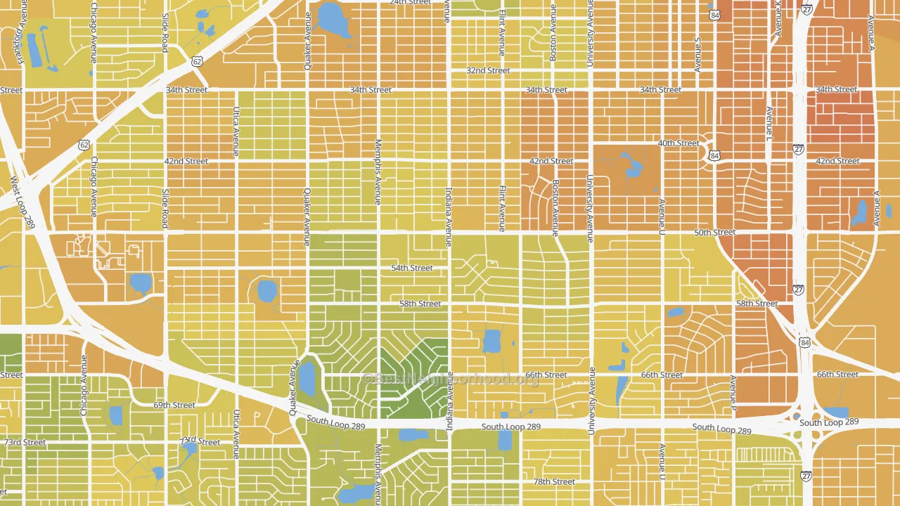 Map of the best neighborhoods in the 79413 area, with better matches in green and worse matches in red