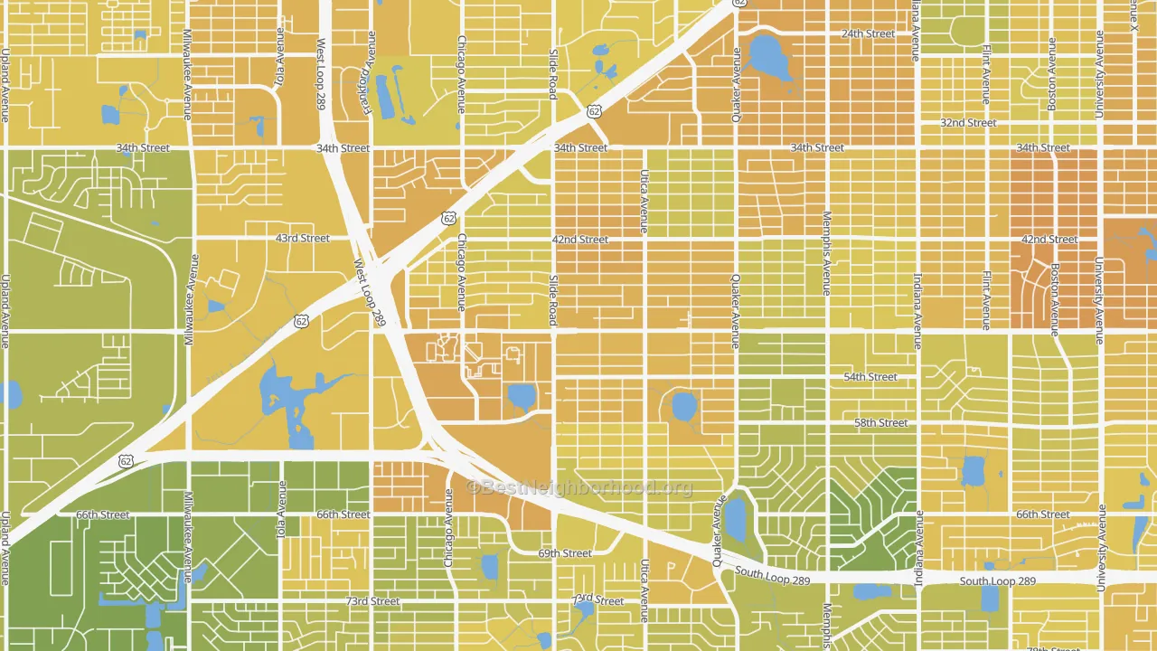 Map of the best neighborhoods in the 79414 area, with better matches in green and worse matches in red