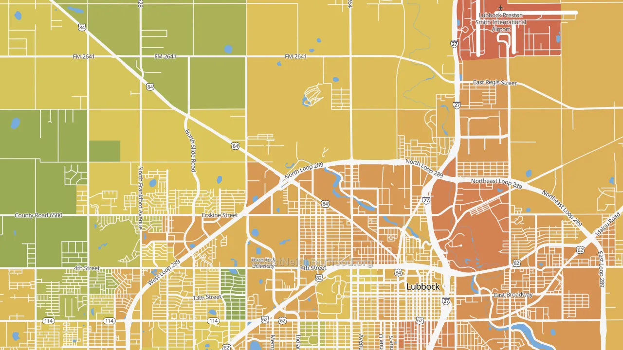 Map of the best neighborhoods in the 79415 area, with better matches in green and worse matches in red