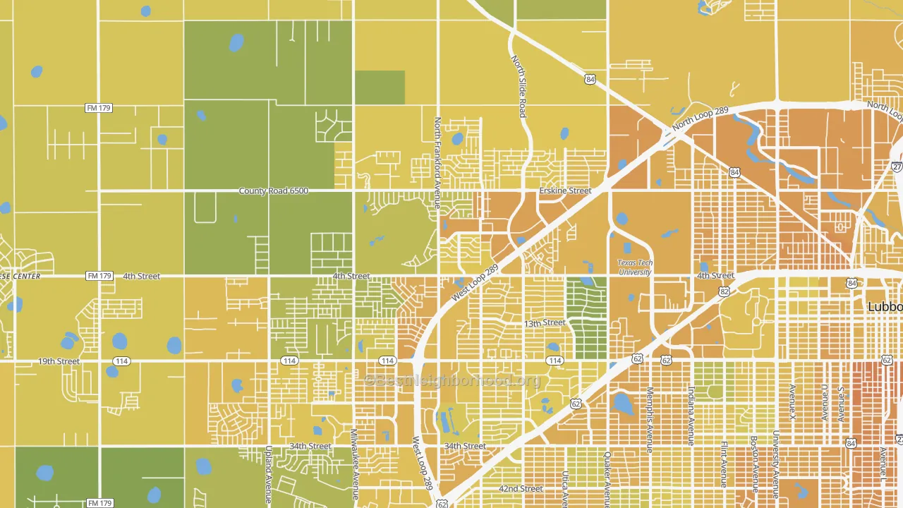 Map of the best neighborhoods in the 79416 area, with better matches in green and worse matches in red