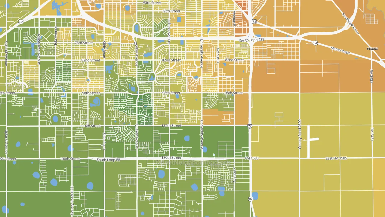 Map of the best neighborhoods in the 79423 area, with better matches in green and worse matches in red
