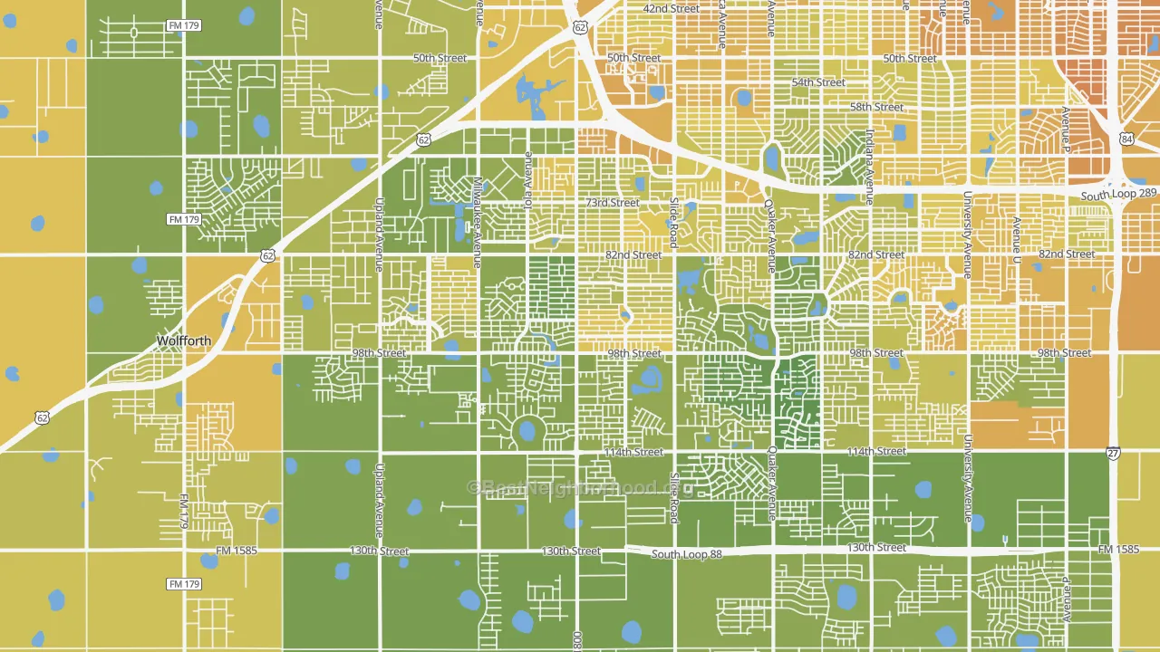 Map of the best neighborhoods in the 79424 area, with better matches in green and worse matches in red