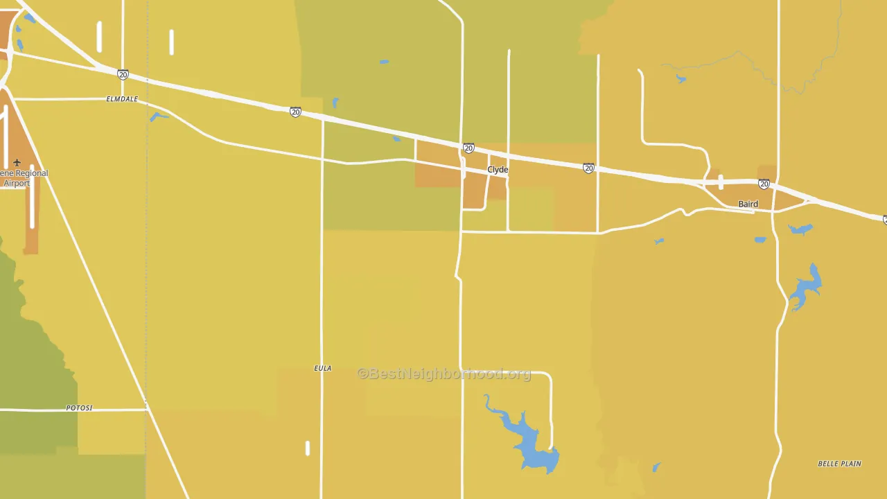 Map of the best neighborhoods in the 79510 area, with better matches in green and worse matches in red
