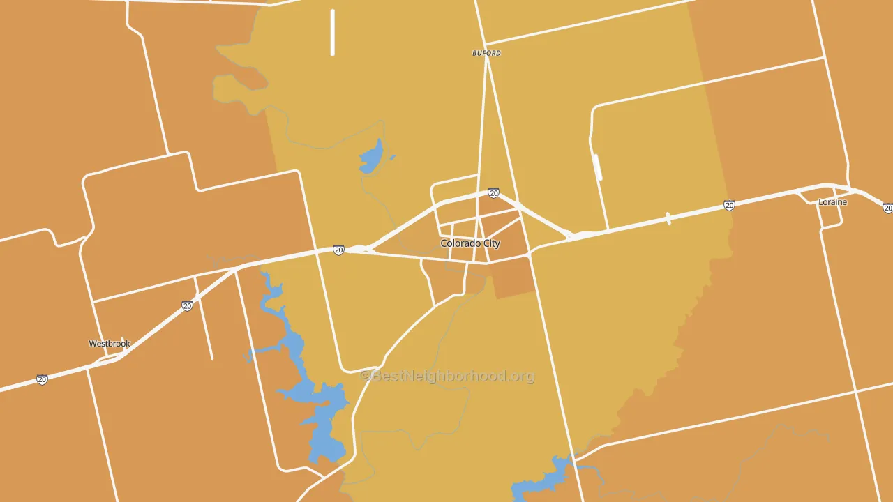 Map of the best neighborhoods in the 79512 area, with better matches in green and worse matches in red