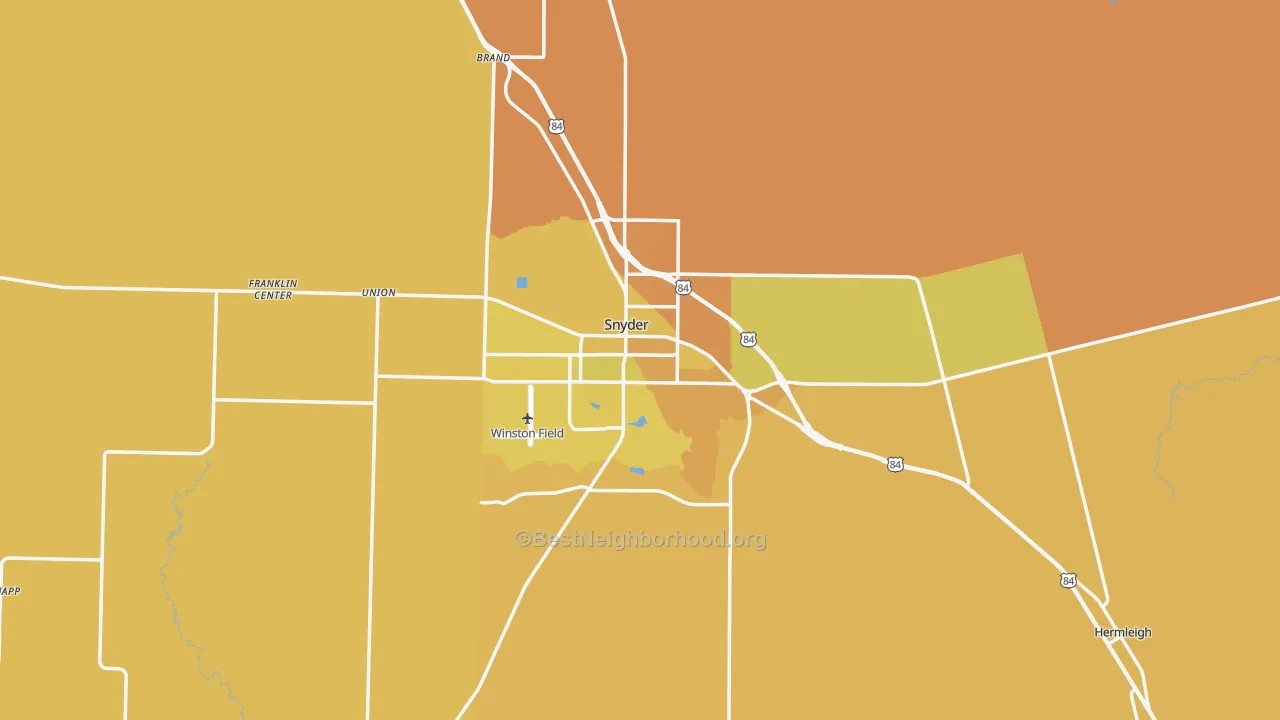 Map of the best neighborhoods in the 79549 area, with better matches in green and worse matches in red