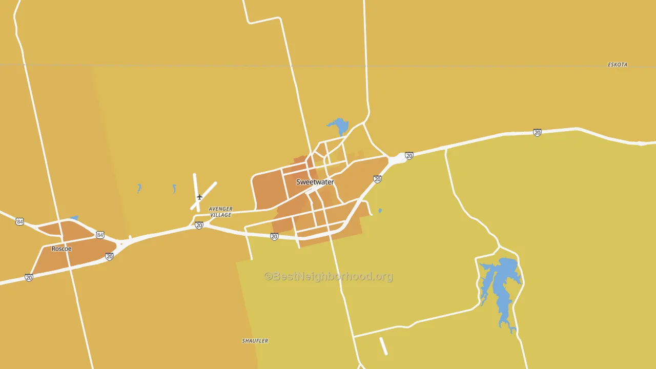 Map of the best neighborhoods in the 79556 area, with better matches in green and worse matches in red