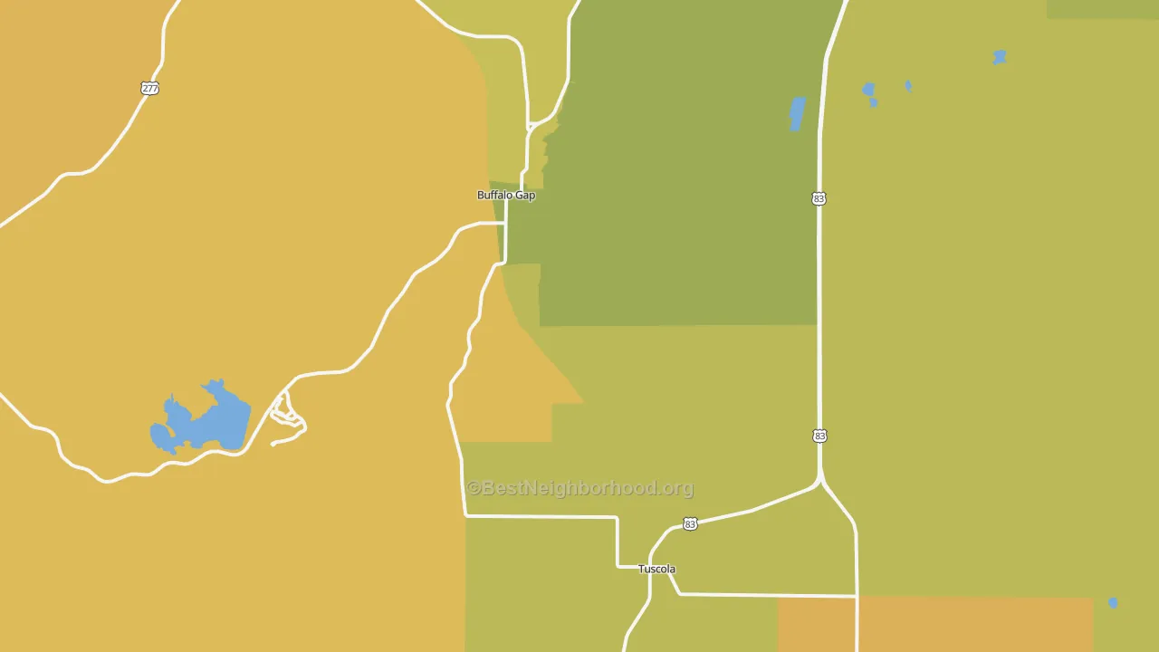 Map of the best neighborhoods in the 79562 area, with better matches in green and worse matches in red
