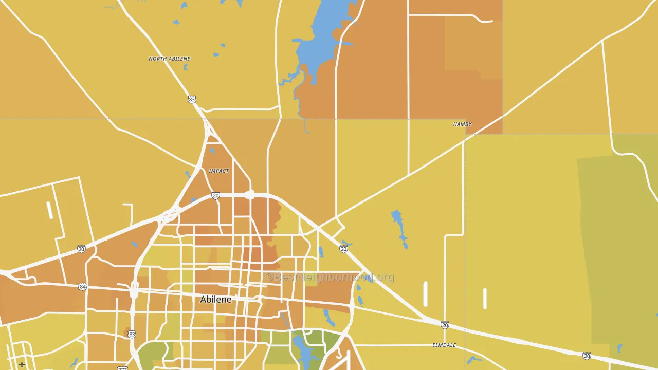 Map of the best neighborhoods in the 79601 area, with better matches in green and worse matches in red