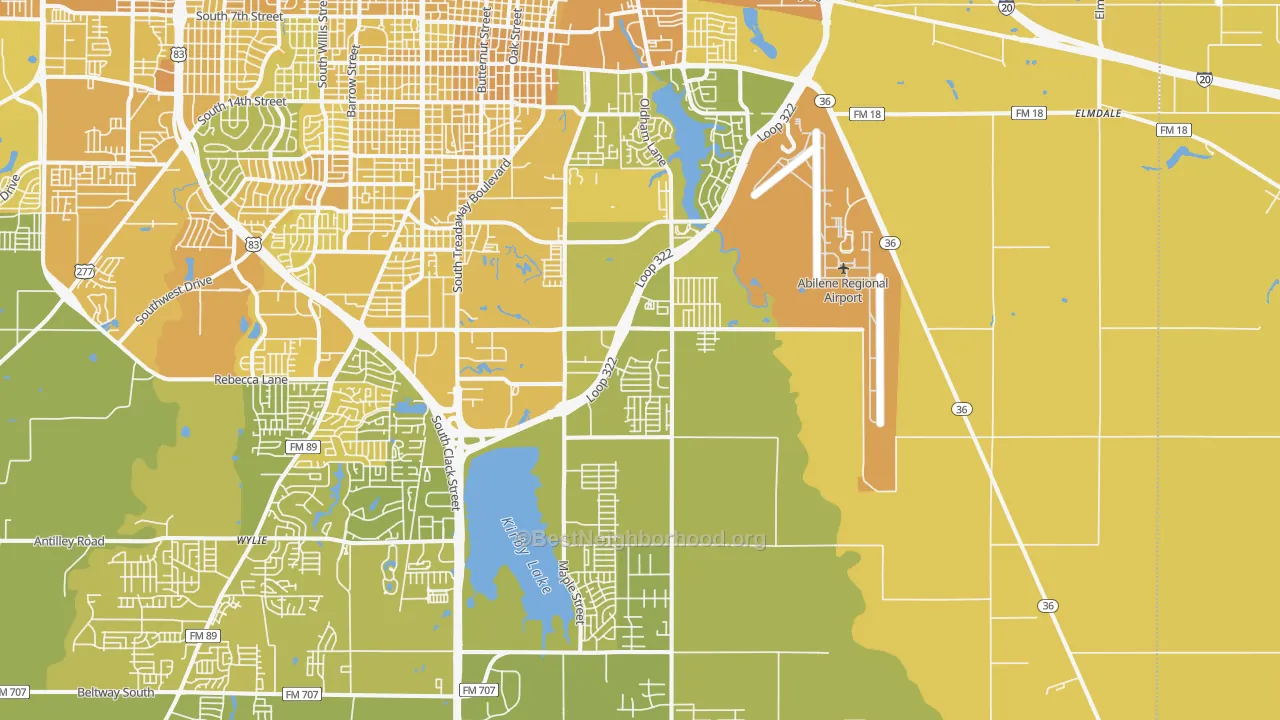 Map of the best neighborhoods in the 79602 area, with better matches in green and worse matches in red
