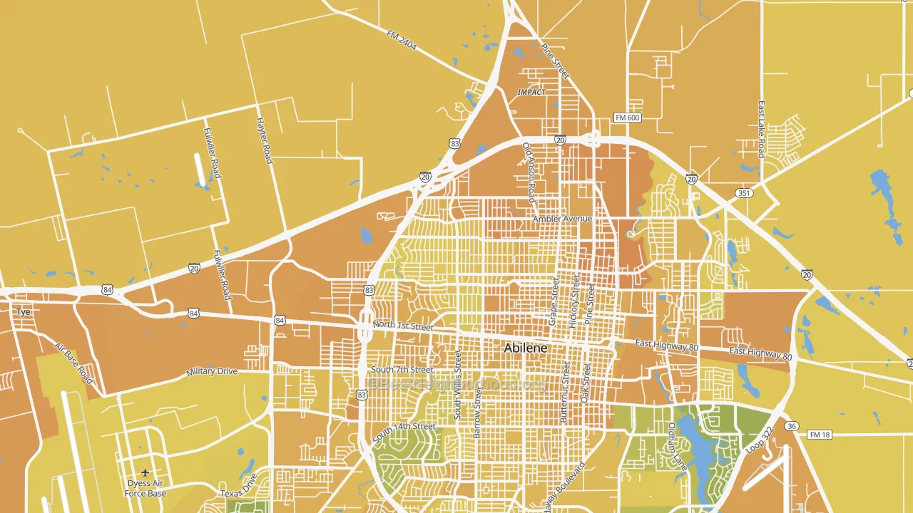 Map of the best neighborhoods in the 79603 area, with better matches in green and worse matches in red