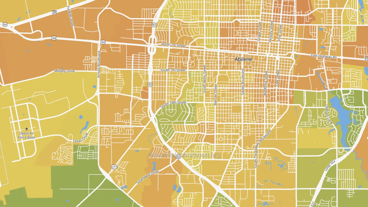 Map of the best neighborhoods in the 79605 area, with better matches in green and worse matches in red