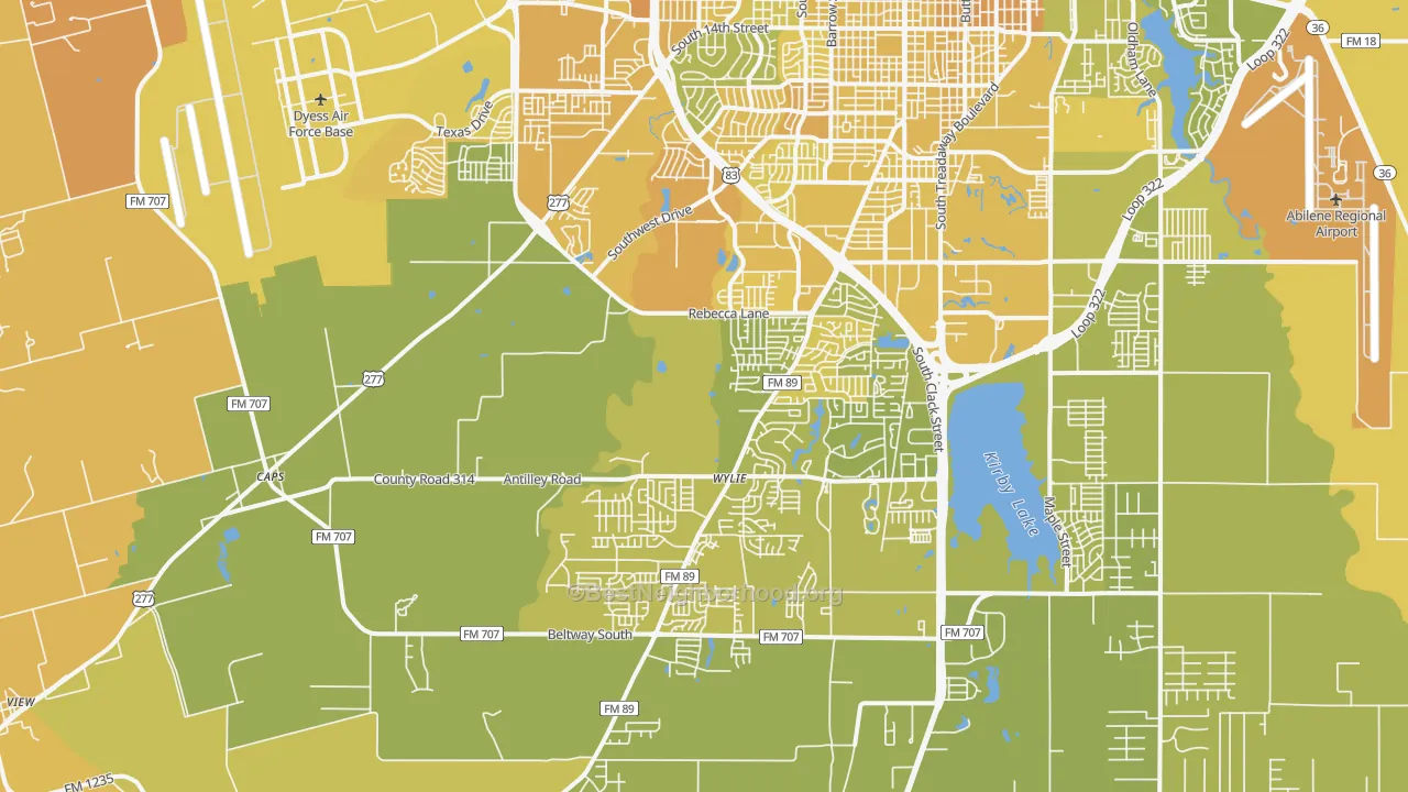 Map of the best neighborhoods in the 79606 area, with better matches in green and worse matches in red