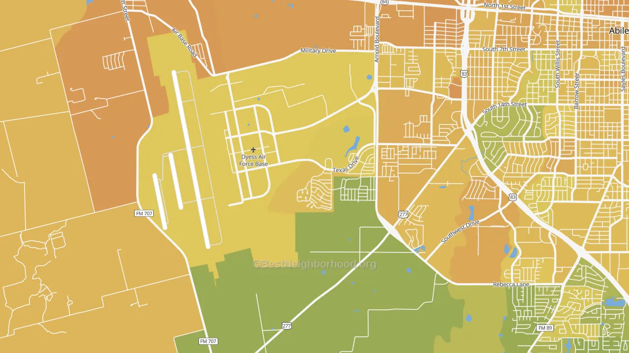 Map of the best neighborhoods in the 79607 area, with better matches in green and worse matches in red