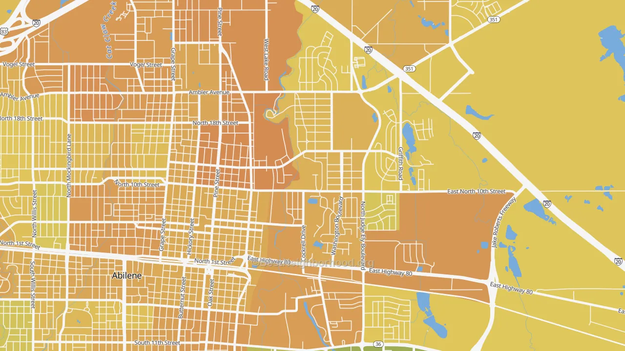 Map of the best neighborhoods in the 79699 area, with better matches in green and worse matches in red