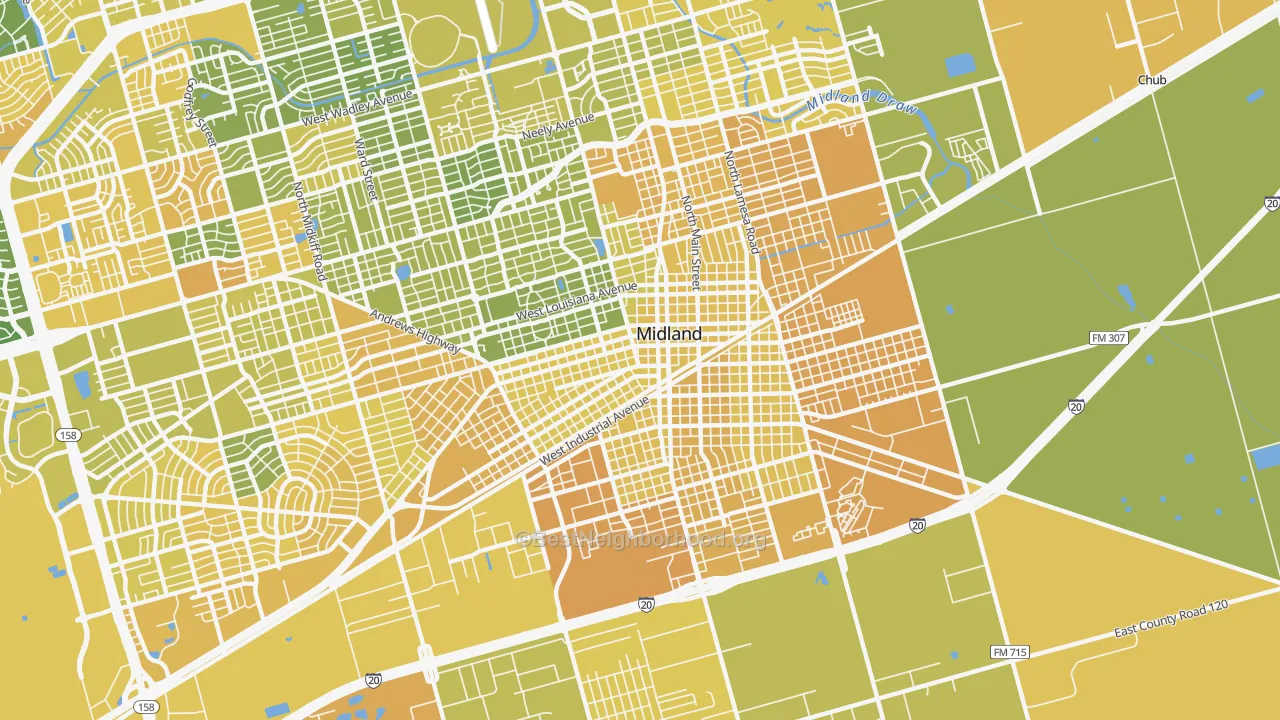 Map of the best neighborhoods in the 79701 area, with better matches in green and worse matches in red