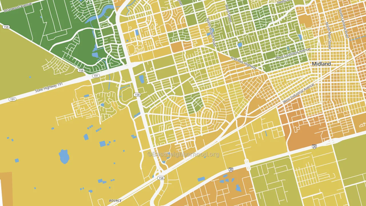 Map of the best neighborhoods in the 79703 area, with better matches in green and worse matches in red